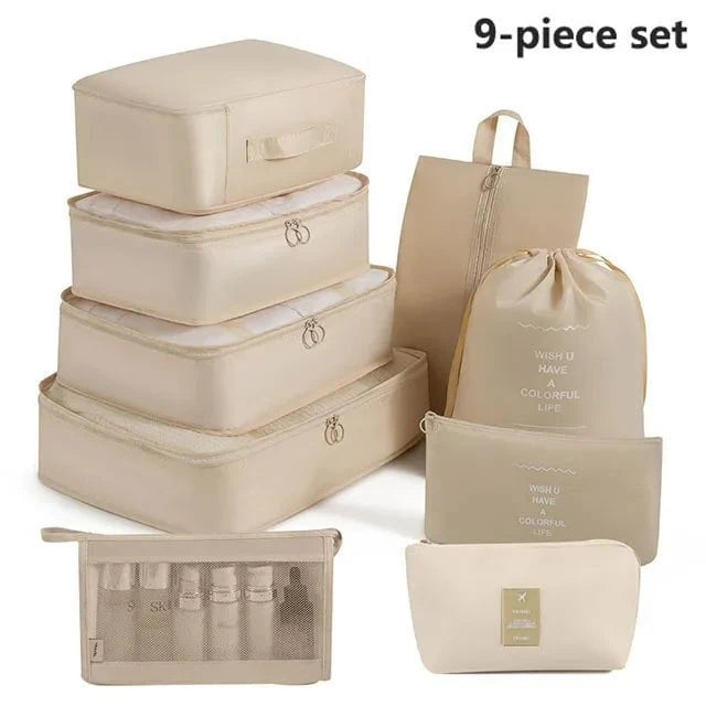 Shada 9pcs Set Beige Travel Set Storage Bags Clothes Digital Toiletries Shoes Organizer bag Student Dormitories Clothing Sorting Bags Packing Cubes