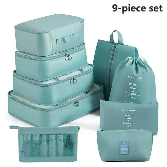 Shada 9pcs Set Blue Travel Set Storage Bags Clothes Digital Toiletries Shoes Organizer bag Student Dormitories Clothing Sorting Bags Packing Cubes