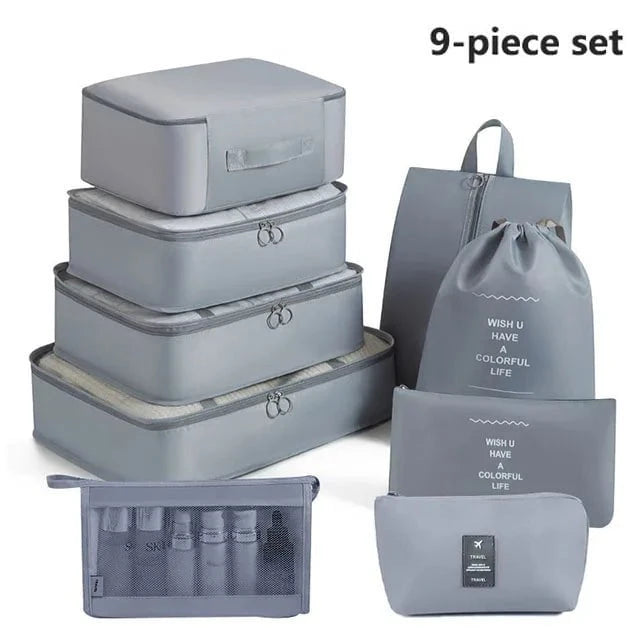 Shada 9pcs Set Gray Travel Set Storage Bags Clothes Digital Toiletries Shoes Organizer bag Student Dormitories Clothing Sorting Bags Packing Cubes