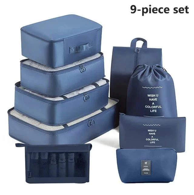 Shada 9pcs Set Navy Travel Set Storage Bags Clothes Digital Toiletries Shoes Organizer bag Student Dormitories Clothing Sorting Bags Packing Cubes