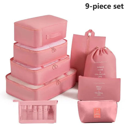 Shada 9pcs Set Pink Travel Set Storage Bags Clothes Digital Toiletries Shoes Organizer bag Student Dormitories Clothing Sorting Bags Packing Cubes