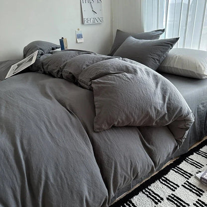 Shada Dark Gray / Twin size 4pcs Bed Linen Solid Cotton Bedding Set with Sheet Duvet Cover Pillowcases Single Couple Bedsheet King Queen Double Twin Size