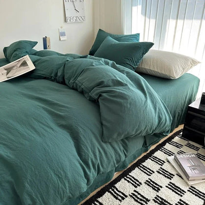 Shada Dark Green / Twin size 4pcs Bed Linen Solid Cotton Bedding Set with Sheet Duvet Cover Pillowcases Single Couple Bedsheet King Queen Double Twin Size