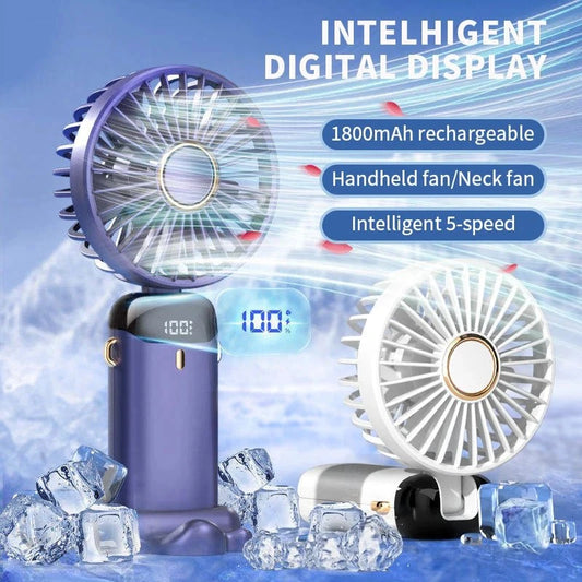 Shada Handheld Mini Fan Foldable Portable Neck Hanging Fans 5 Speed USB Rechargeable Fan with Phone Stand and Display Screen 1800mAh