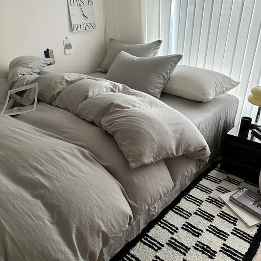 Shada Light Gray / Twin size 4pcs Bed Linen Solid Cotton Bedding Set with Sheet Duvet Cover Pillowcases Single Couple Bedsheet King Queen Double Twin Size