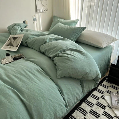 Shada Light Water Green / Twin size 4pcs Bed Linen Solid Cotton Bedding Set with Sheet Duvet Cover Pillowcases Single Couple Bedsheet King Queen Double Twin Size