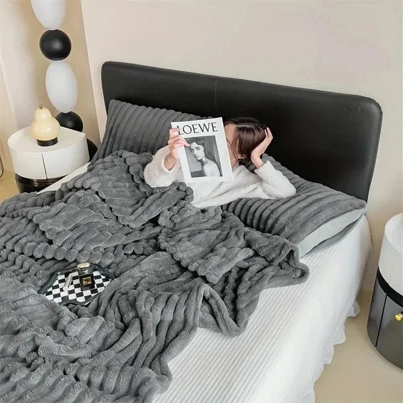 Shada Luxury Thickened Striped Warm Blanket - Soft Coral Fleece Sofa Throw for Autumn & Winter Comfort