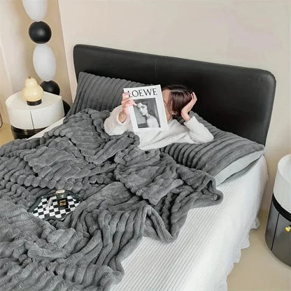 Shada Luxury Thickened Striped Warm Blanket - Soft Coral Fleece Sofa Throw for Autumn & Winter Comfort