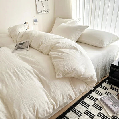 Shada Off White / Twin size 4pcs Bed Linen Solid Cotton Bedding Set with Sheet Duvet Cover Pillowcases Single Couple Bedsheet King Queen Double Twin Size