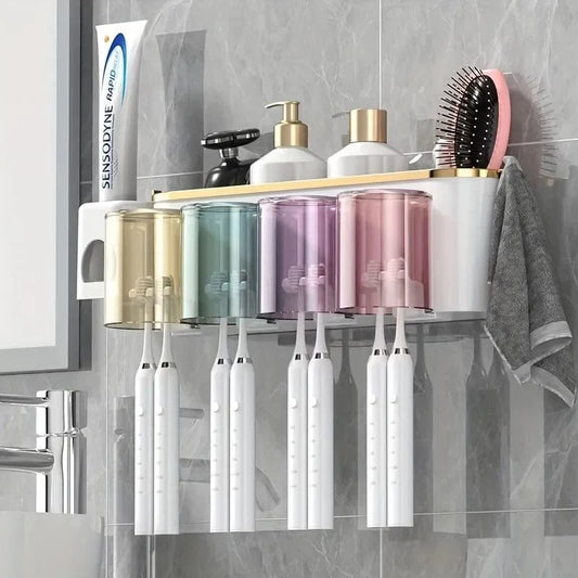 Shada Perforation-Free Toothbrush Holder With Squeezer and Mouthwash Cup - Easy No-Drill Installation