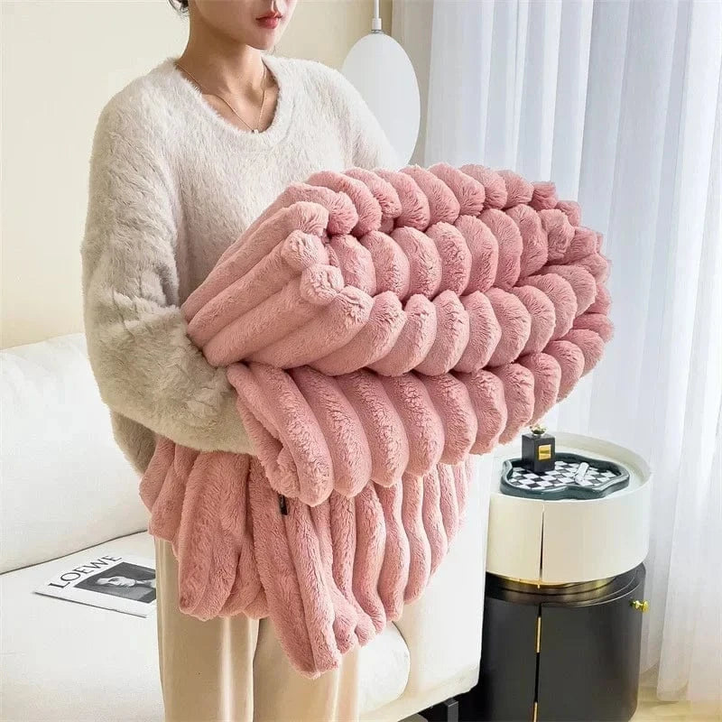 Shada Pink / 150x200cm Luxury Thickened Striped Warm Blanket - Soft Coral Fleece Sofa Throw for Autumn & Winter Comfort