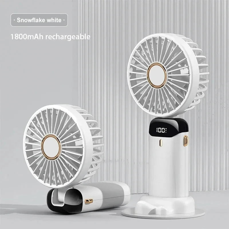 Shada WHITE Handheld Mini Fan Foldable Portable Neck Hanging Fans 5 Speed USB Rechargeable Fan with Phone Stand and Display Screen 1800mAh